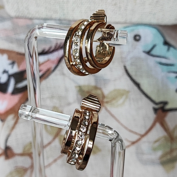 Napier Jewelry - Napier Signed Clip Huggy Earrings Gold Tone Rhinestone Vintage EUC 3 Rows Huggie